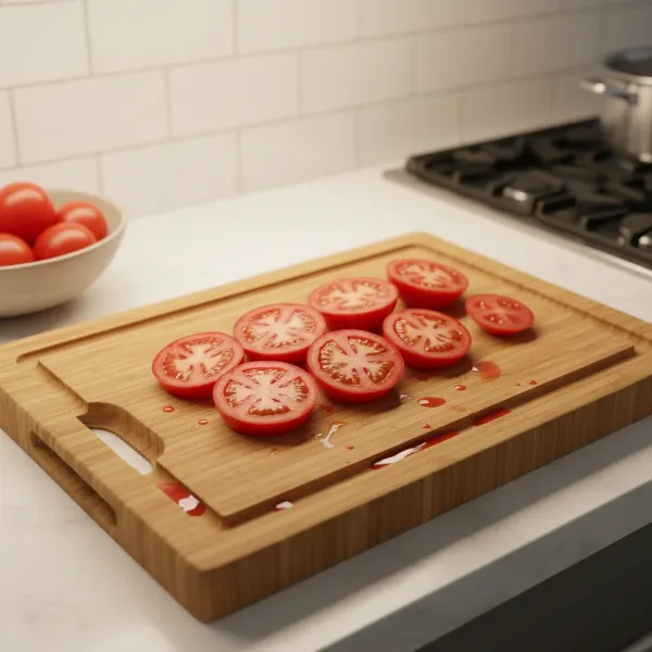 A detailed shot showcasing the deep juice grooves on a Greener Chef bamboo cutting board, capturing liquid from sliced tomatoes.