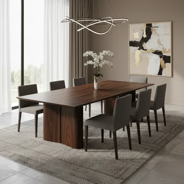 Elegant black walnut dining table, showcasing its rich, dark brown color and unique grain patterns in a modern setting.