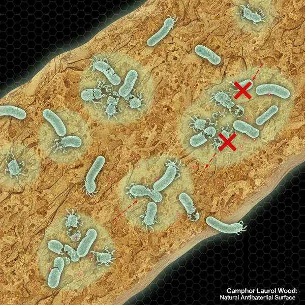 A magnified view illustrating the natural antibacterial properties of Camphor Laurel wood, showing microbes being inhibited on the surface.