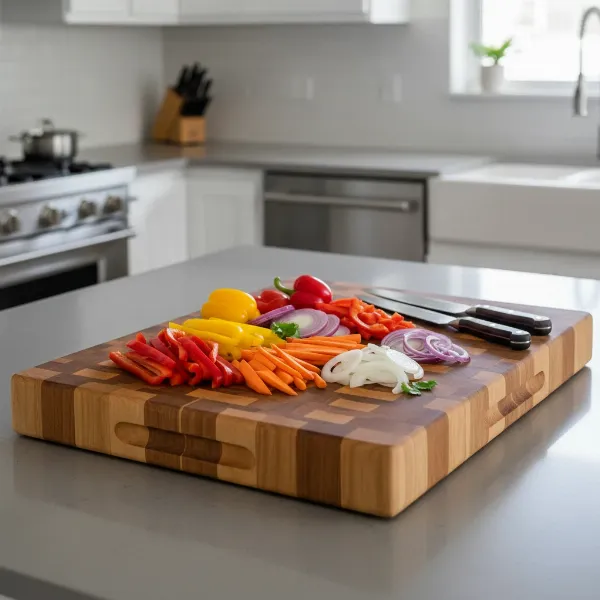 A Catskill Craftsmen Super Slab heavy-duty wooden cutting board on a kitchen counter, with vegetables and knives ready for prep. 