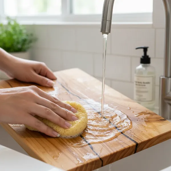 A person gently hand-washing a Fab Slabs Camphor Laurel cutting board with warm soapy water and a soft sponge, demonstrating proper cleaning techniques in a well-lit kitchen.