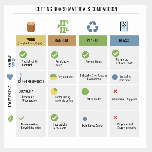 A visual representation comparing different types of cutting board materials, highlighting the distinct features of each in a graphic format.