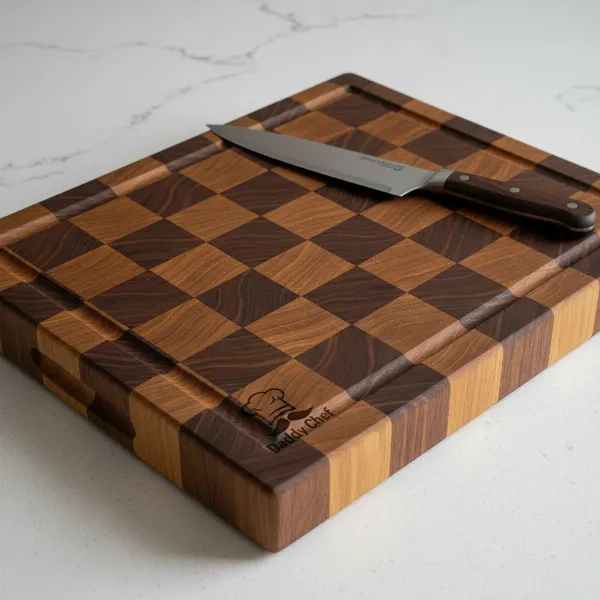 A beautifully crafted Daddy Chef end grain oak wood cutting board showcasing its checkerboard pattern and solid construction. 
