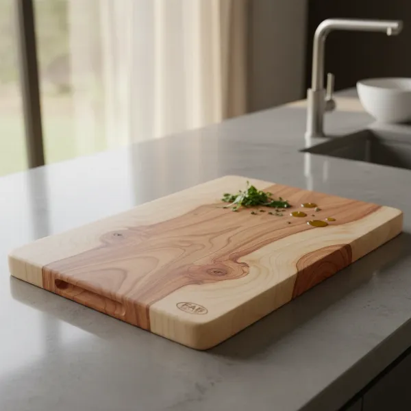 A beautifully crafted Fab Slabs Camphor Laurel cutting board showcasing its natural wood grain and elegant shape, ready for use in a modern kitchen.