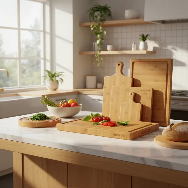 A diverse collection of Greener Chef bamboo cutting boards in various sizes on a kitchen island, showcasing their versatility.