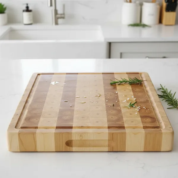 Close-up of a sturdy hard maple end-grain cutting board, showcasing its light color and fine, even grain.