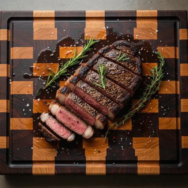 A premium end-grain hardwood cutting board with a deep juice groove, featuring rich wood tones, ready for carving a steak.