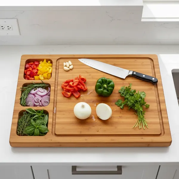 HHXRISE Large Organic Bamboo Cutting Board showcasing its compartments and juice grooves on a clean kitchen counter.