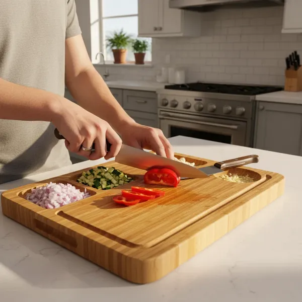 A HHXRISE Large Organic Bamboo Cutting Board in action on a kitchen counter, with food prep items and the board's features highlighted.