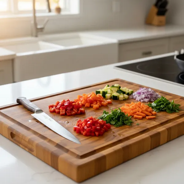 An Indigo True Extra Large Bamboo Cutting Board being used in a clean, modern kitchen setting for chopping vegetables.