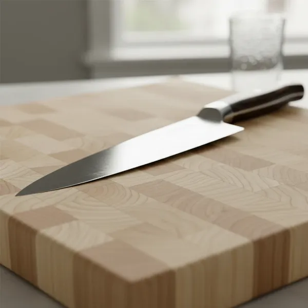 A close-up shot of a hard maple end-grain cutting board, showcasing its tight grain and smooth surface, with a sharp chef's knife resting gently on it, emphasizing its knife-friendly qualities.