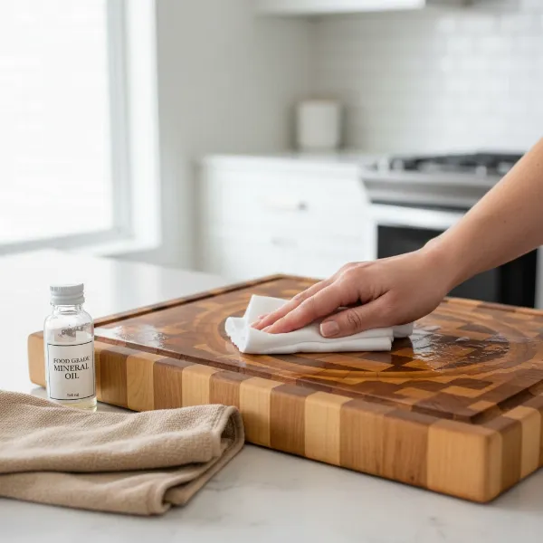 A close-up of an end-grain maple cutting board being oiled with food-grade mineral oil, emphasizing proper maintenance for longevity.