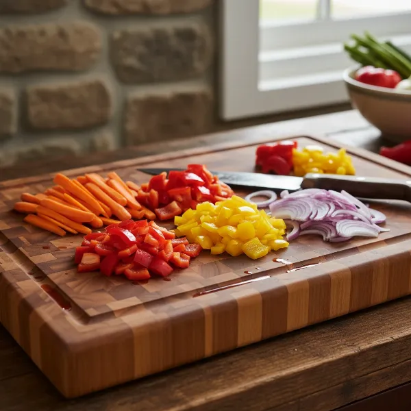 A close-up of a Greener Chef organic bamboo cutting board with fresh vegetables being chopped, highlighting its natural texture and deep juice groove.
