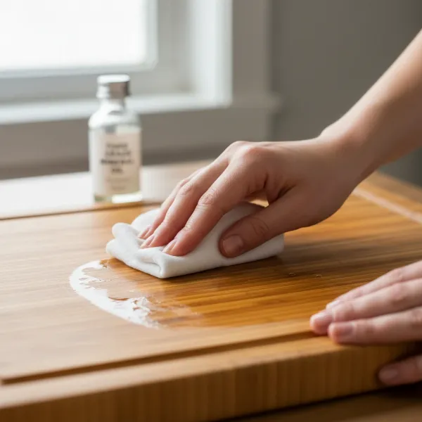 A hand applying mineral oil to a Greener Chef organic bamboo cutting board, illustrating proper maintenance.