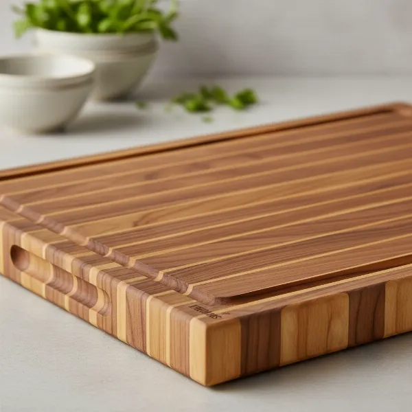 Close-up view of a Teakhaus cutting board, highlighting its edge grain construction, rich wood patterns, and a subtle juice groove. 