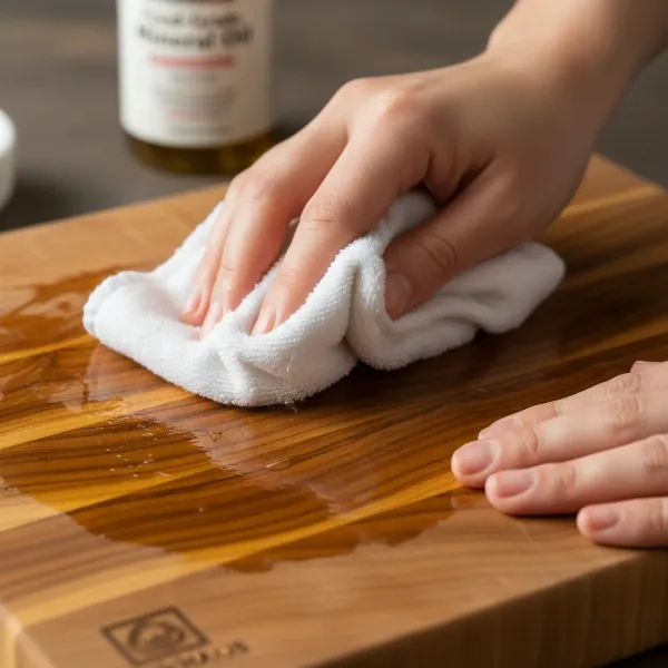A hand applying food-grade mineral oil to a Teakhaus cutting board with a soft cloth, highlighting the care process. 