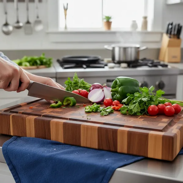 A Teakhaus cutting board in active use with various ingredients being prepared, showcasing practical tips like using a damp cloth underneath. 