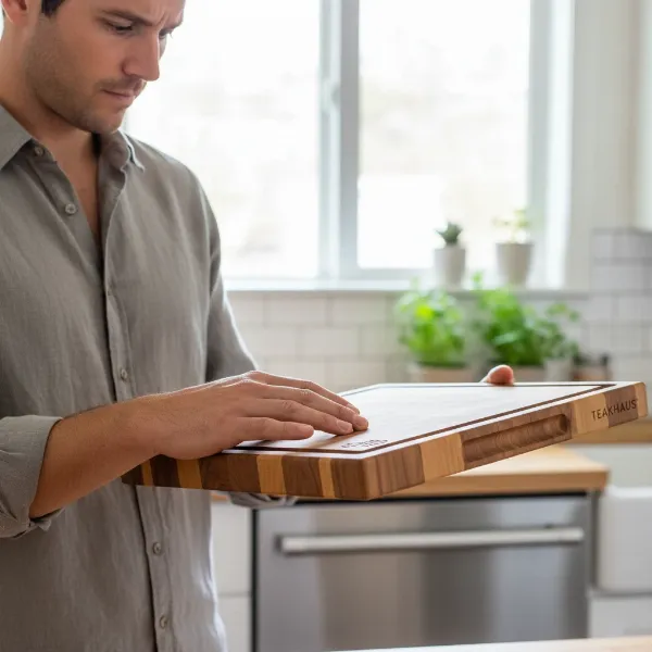 A person carefully examining a Teakhaus cutting board in a kitchen setting, focusing on the wood grain and overall quality. 