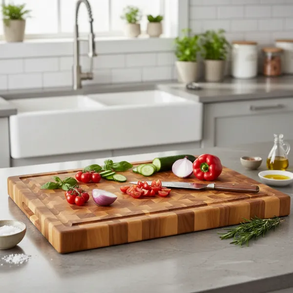 A beautiful Teakhaus cutting board with a warm, golden hue resting on a modern kitchen counter, surrounded by fresh ingredients. 