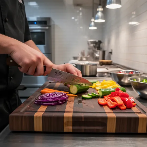 A professional chef meticulously slicing vegetables on a large, rich dark walnut end-grain cutting board in a well-lit, modern kitchen setting.