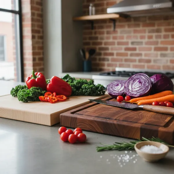Assortment of maple, cherry, and walnut chopping boards, showcasing their distinct colors and grain for kitchen use.