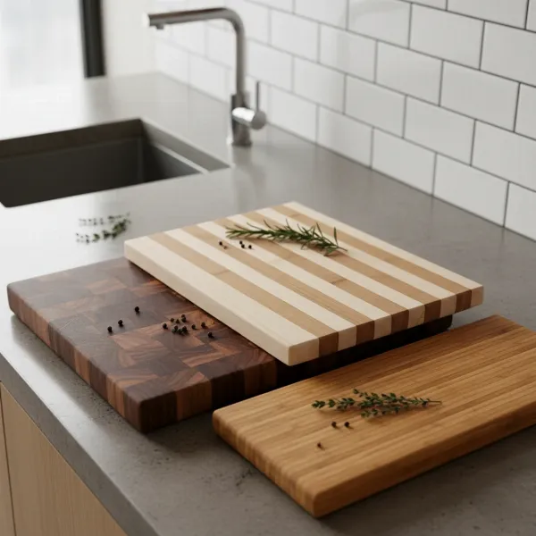 Various types of wooden cutting boards including end grain, edge grain, and bamboo, highlighting their structural differences and aesthetic appeal.