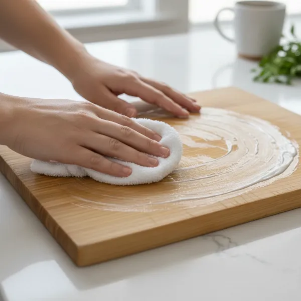 A person applies a generous layer of board cream to a wooden cutting board with a cloth for deep conditioning.