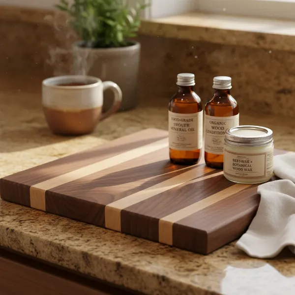 A well-maintained wooden cutting board with oil and wax products, highlighting the importance of regular conditioning
