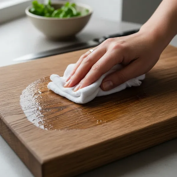 A close-up of a hand applying food-grade mineral oil to a wooden cutting board, showing the wood absorbing the oil for hydration and protection. 