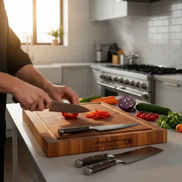 A professional chef using a well-maintained wooden cutting board with various knives and fresh ingredients, showcasing the board's functionality and aesthetic appeal in a modern kitchen setting.