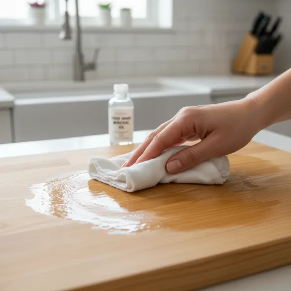 Applying food-grade mineral oil generously to a new wooden cutting board with a cloth to ensure deep absorption and protection.